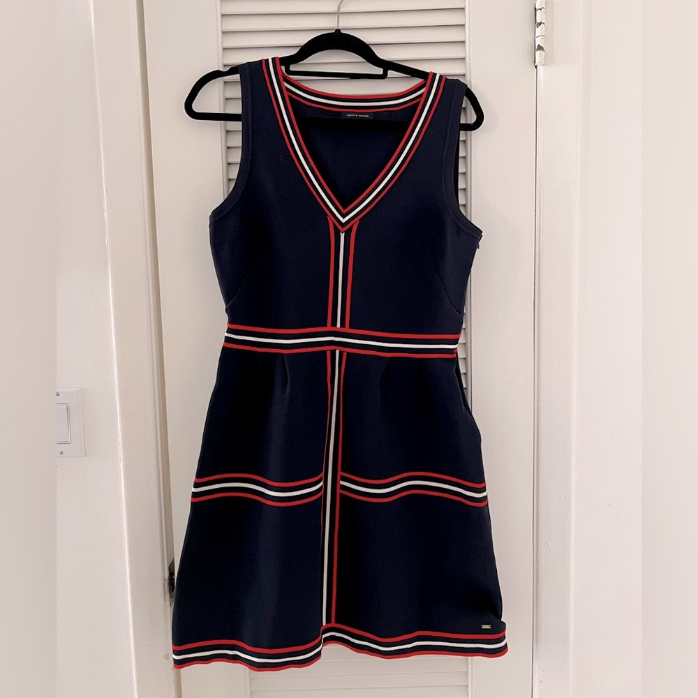 Tommy Hilfiger Navy Midi Dress with Red and White Trim